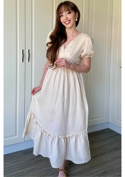 Bej Müslin Kumaş Kısa Kol Elbise fiyatları