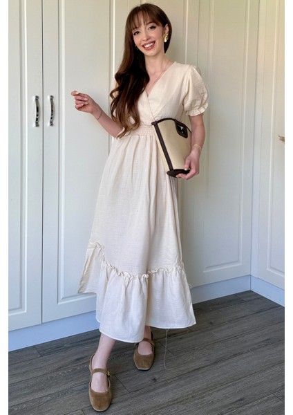 Bej Müslin Kumaş Kısa Kol Elbise fırsatları