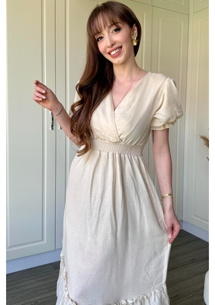 Bej Müslin Kumaş Kısa Kol Elbise