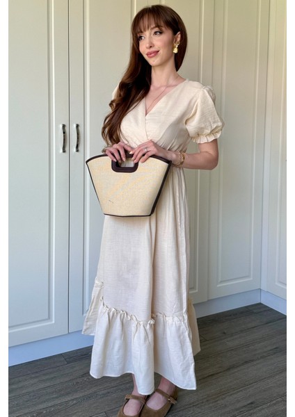 Bej Müslin Kumaş Kısa Kol Elbise