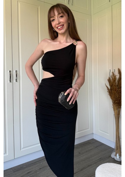 Tek Omuz Bel Detaylı Sandy Kumaş Yırtmaçlı Elbise modelleri