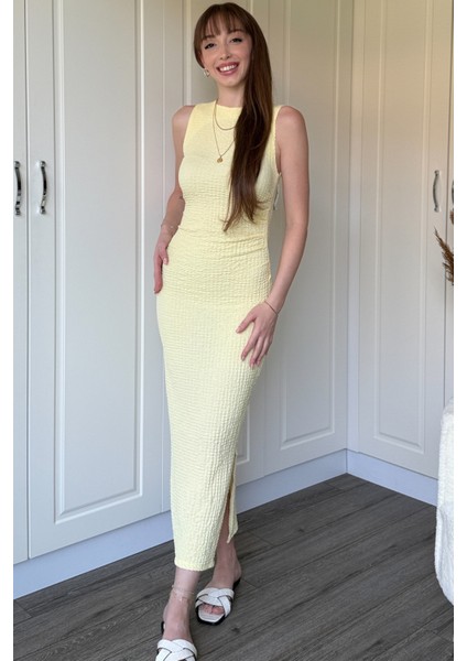 Gofre Kumaş Sarı Midi Elbise modelleri