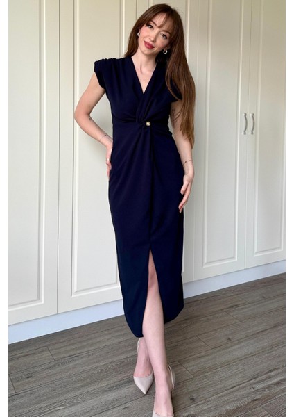 Kruvaze Yaka Vatkalı Incili Lacivert Elbise fiyatları