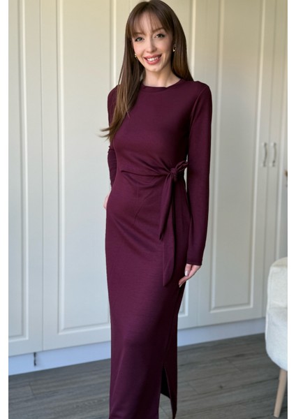 Bağlamalı Modal Uzun Kollu Midi Bordo Elbise modelleri