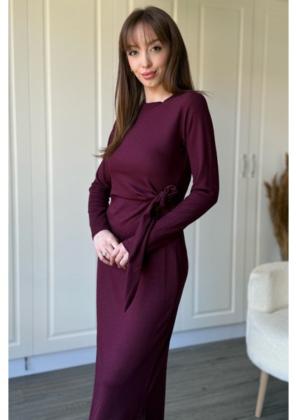 Bağlamalı Modal Uzun Kollu Midi Bordo Elbise