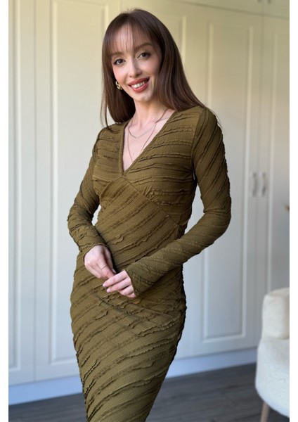 Fırfırlı V Yaka Haki Midi Elbise indirimleri