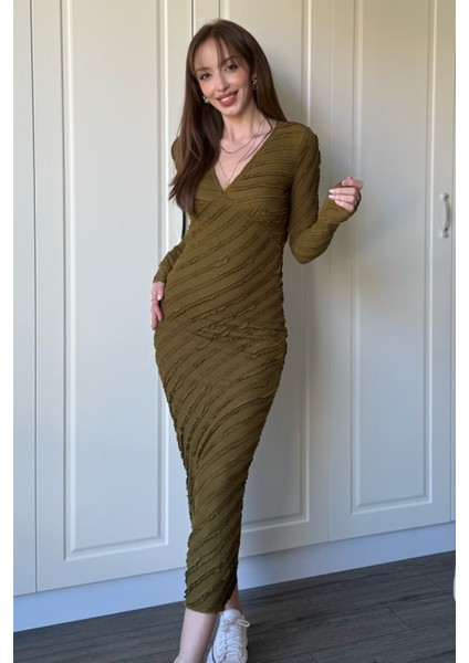 Fırfırlı V Yaka Haki Midi Elbise