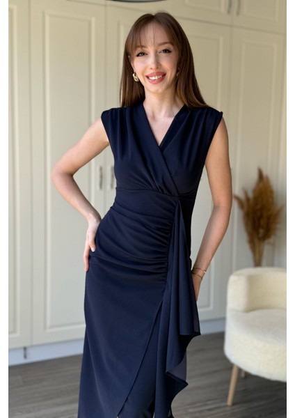 Fırfır Detaylı Kruvaze Yaka Midi Lacivert Elbise