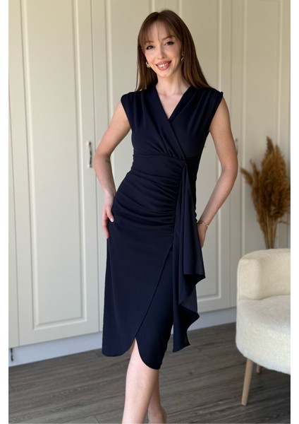 Fırfır Detaylı Kruvaze Yaka Midi Lacivert Elbise modelleri