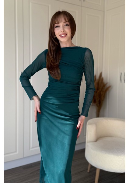 Drapeli Uzun Kol Yeşil Midi Tül Elbise fiyatları