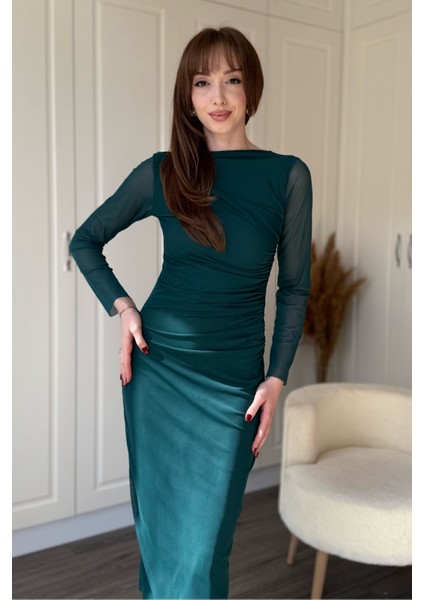 Drapeli Uzun Kol Yeşil Midi Tül Elbise modelleri