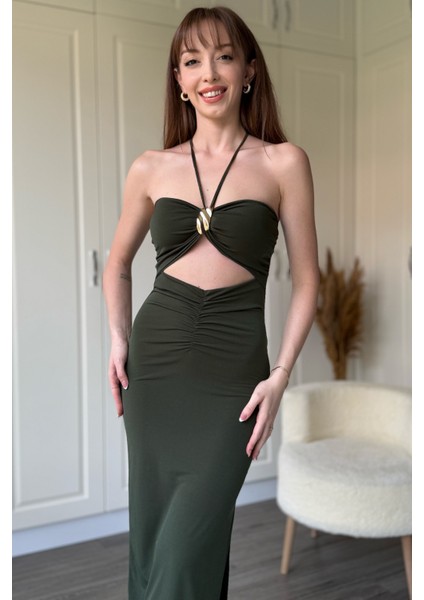 Boyundan Bağlamalı Yırtmaçlı Aksesuarlı Haki Elbise