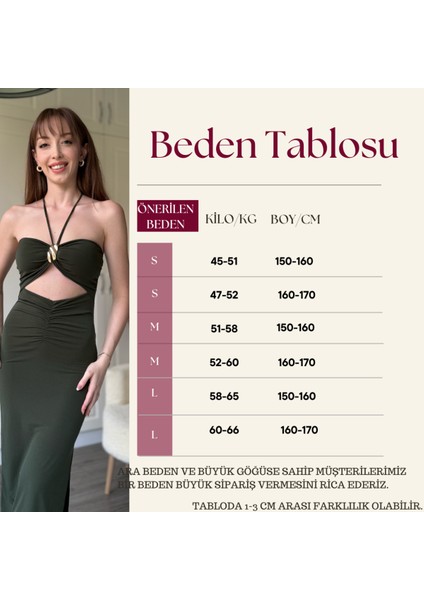 Boyundan Bağlamalı Yırtmaçlı Aksesuarlı Haki Elbise fiyatları