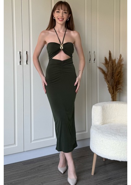 Boyundan Bağlamalı Yırtmaçlı Aksesuarlı Haki Elbise fırsatları