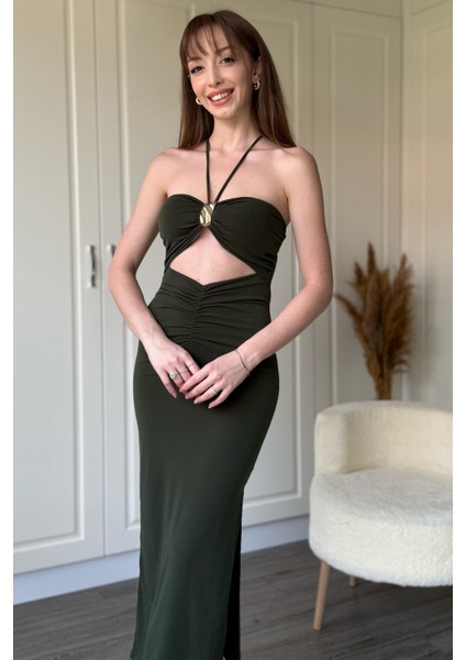 Boyundan Bağlamalı Yırtmaçlı Aksesuarlı Haki Elbise