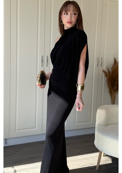 Tek Omuz Boyunlu Zarif Dökümlü Siyah Maxi Elbise indirimleri