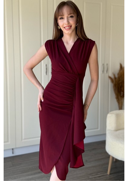 Fırfır Detaylı Kruvaze Yaka Midi Bordo Elbise