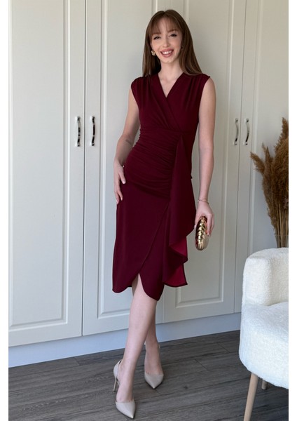 Fırfır Detaylı Kruvaze Yaka Midi Bordo Elbise fiyatları