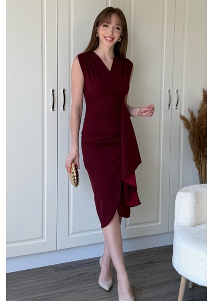 Fırfır Detaylı Kruvaze Yaka Midi Bordo Elbise modelleri