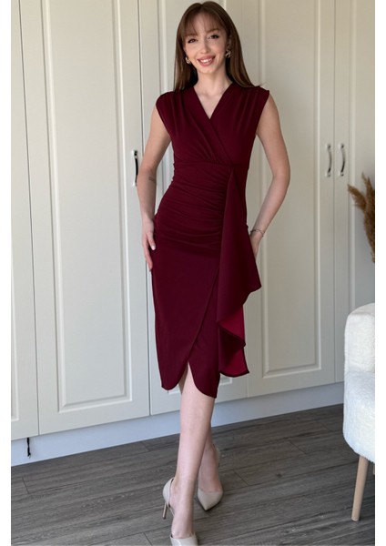 Fırfır Detaylı Kruvaze Yaka Midi Bordo Elbise