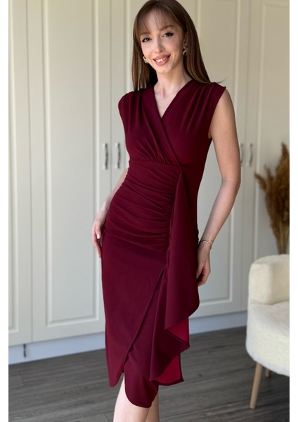 Fırfır Detaylı Kruvaze Yaka Midi Bordo Elbise