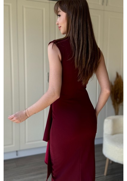 Fırfır Detaylı Kruvaze Yaka Midi Bordo Elbise