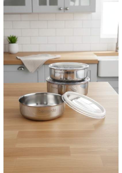 Stelo 3'lü Çelik Saklama Kabı ( 16-18-20 cm ) 6 Parça modelleri