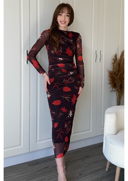 Drapeli Uzun Kol Çiçekli Midi Tül Elbise indirimleri