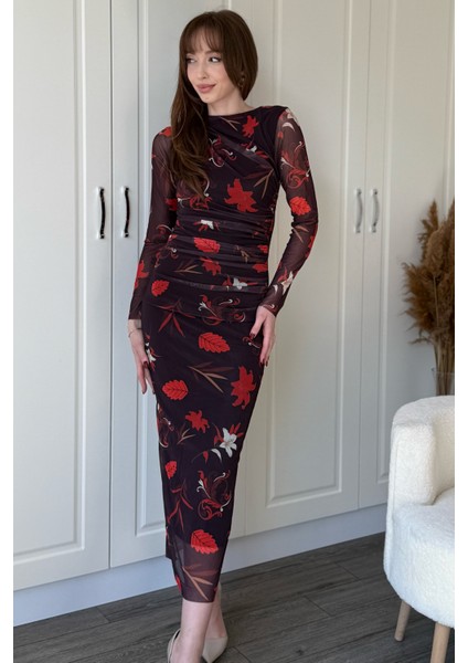 Drapeli Uzun Kol Çiçekli Midi Tül Elbise