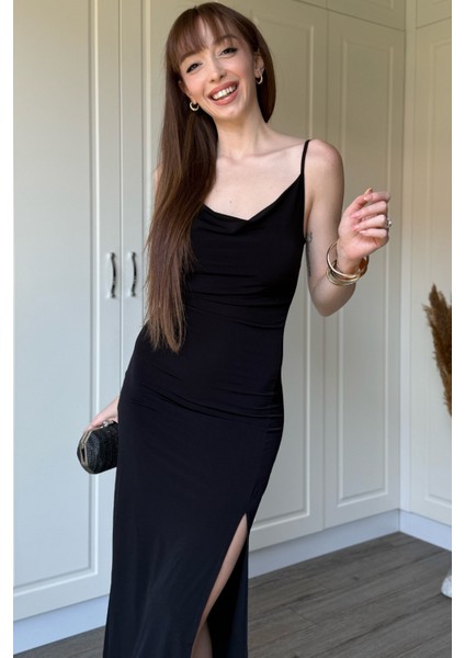 Sandy Kumaş Degaje Yaka Siyah Uzun Elbise fırsatları