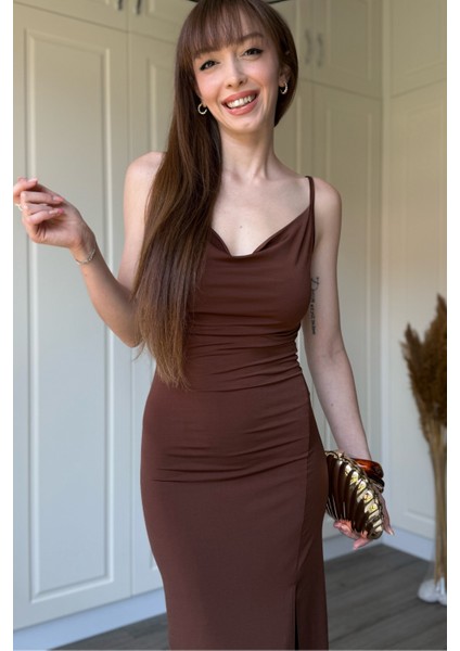 Sandy Kumaş Degaje Yaka Kahverengi Uzun Elbise modelleri