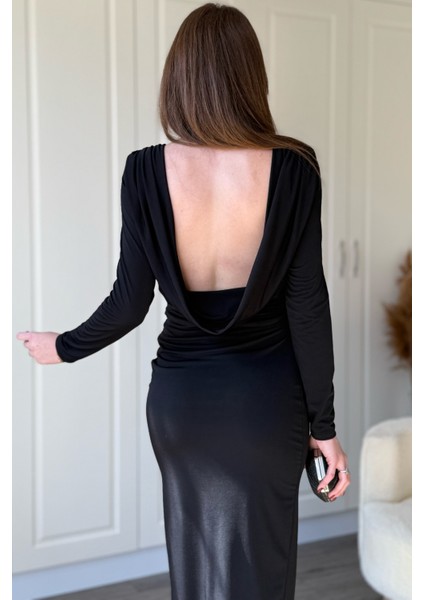 Uzun Kollu Sandy Kumaş Sırt Dekolteli Yırtmaçlı Midi Siyah Elbise