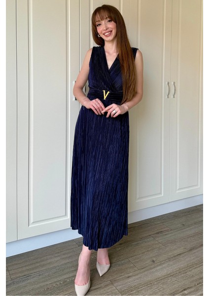 Kruvaze Yaka Krinkıl Midi Tokalı Lacivert Elbise fiyatları