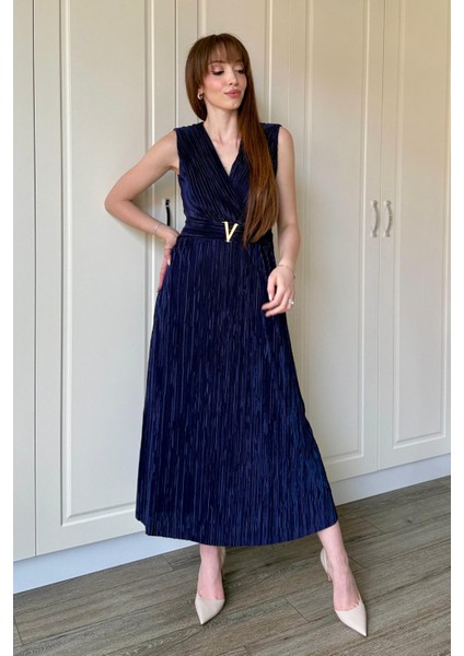 Kruvaze Yaka Krinkıl Midi Tokalı Lacivert Elbise fırsatları