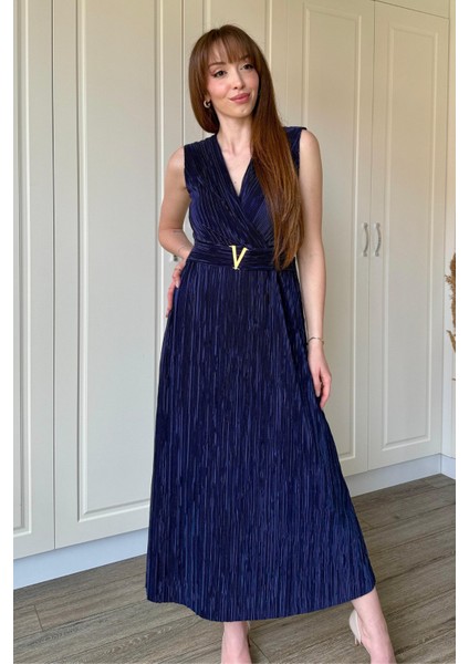 Kruvaze Yaka Krinkıl Midi Tokalı Lacivert Elbise indirimleri