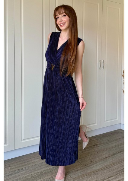 Kruvaze Yaka Krinkıl Midi Tokalı Lacivert Elbise