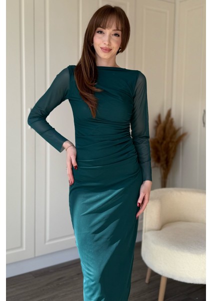 Drapeli Uzun Kol Yeşil Midi Tül Elbise indirimleri