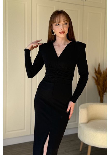 Vatkalı Beli Drapeli Önü Yırtmaçlı Midi Siyah Elbise modelleri