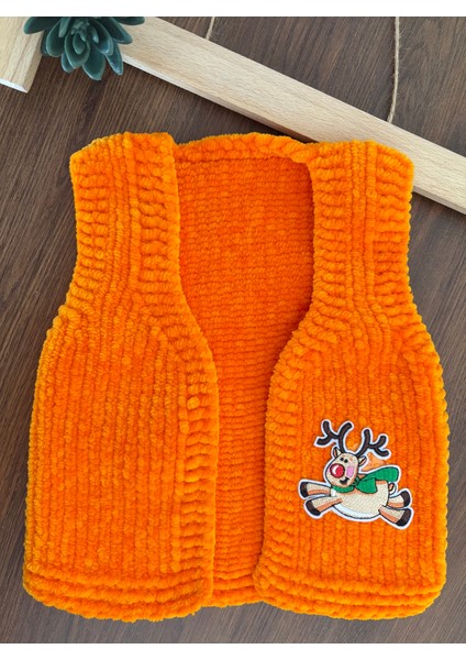 Geyikli El Örgüsü Kadife Bebek Yelek