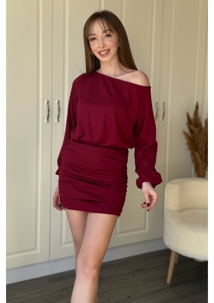 Kayık Yaka Modal Kumaş Cool Eteği Ayarlanabilir Mini Bordo Elbise indirimleri