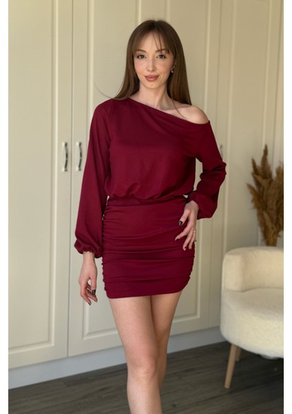 Kayık Yaka Modal Kumaş Cool Eteği Ayarlanabilir Mini Bordo Elbise