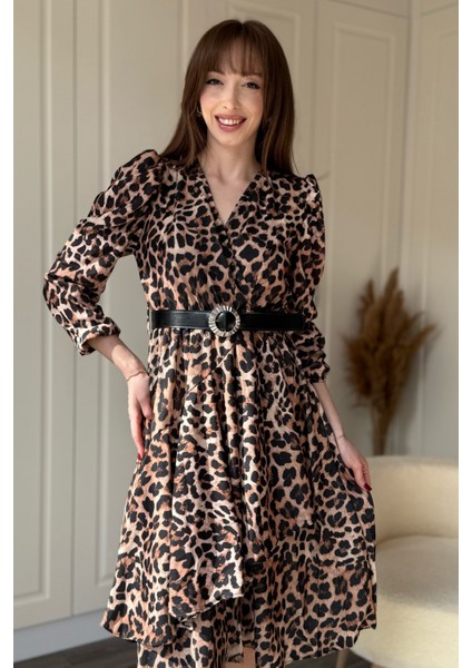 Leopar Desenli Tokalı Kemerli Kısa Fırfırlı Elbise fiyatları