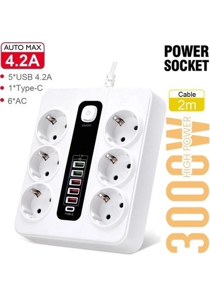 Buğz HP-H04 3000W 10AMPER 6’lı 2metre Uzatma Kablolu Çoklu Termal Akım Priz