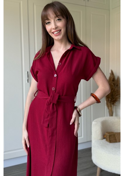 Keten Gömlek Bordo Elbise