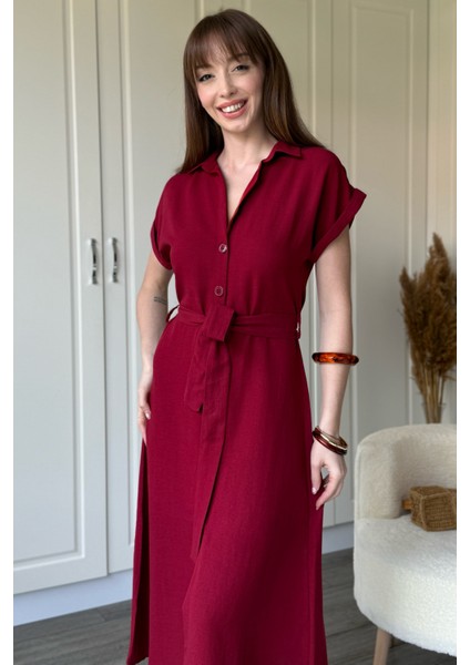 Keten Gömlek Bordo Elbise modelleri