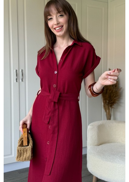 Keten Gömlek Bordo Elbise fırsatları
