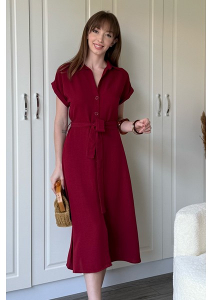 Keten Gömlek Bordo Elbise