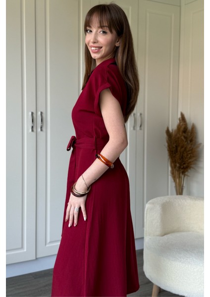 Keten Gömlek Bordo Elbise