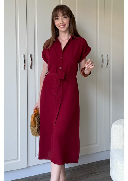 Keten Gömlek Bordo Elbise