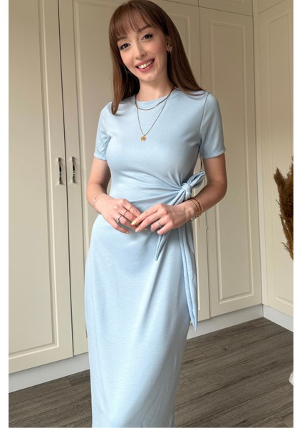 Bağlamalı Midi Modal Mavi Elbise